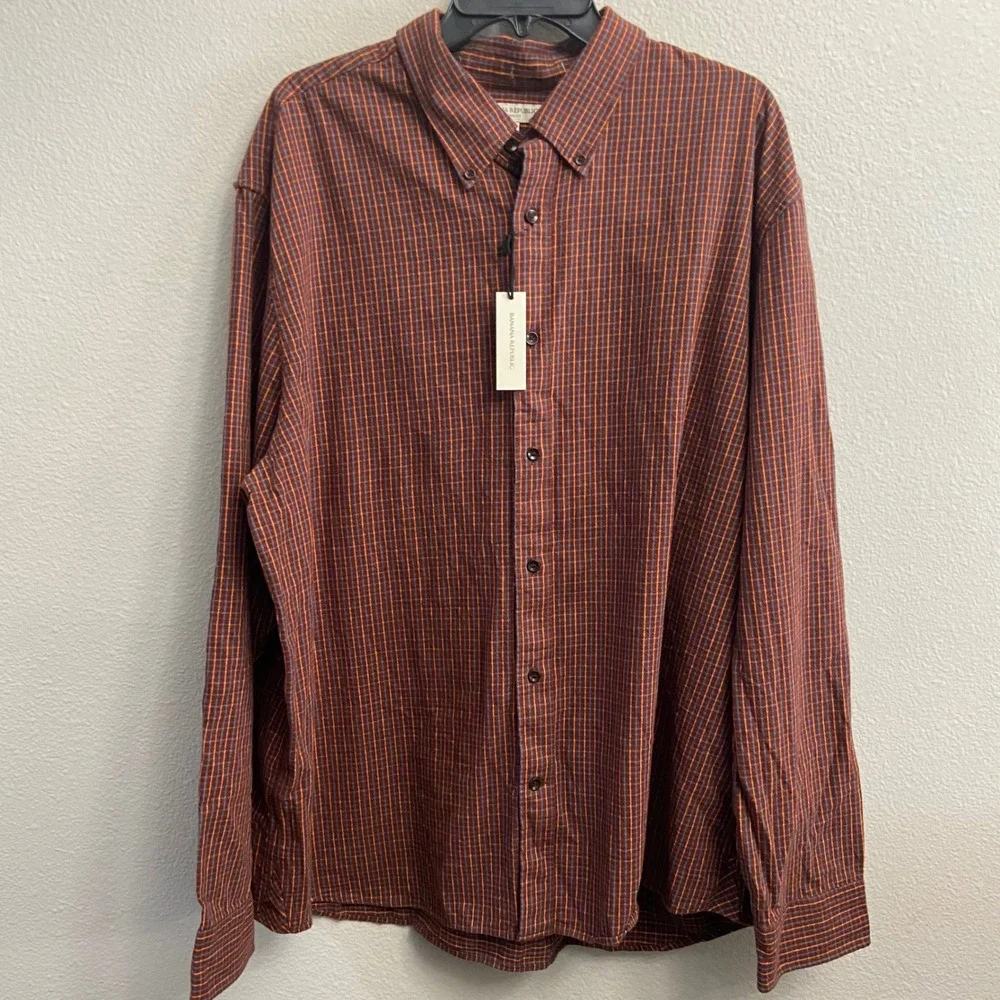 Banana Republic Mens XXL Rust Orange Plaid Flannel Button Down Shirt NEW